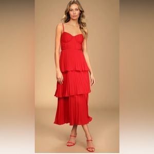 Red tiered bustier midi dress